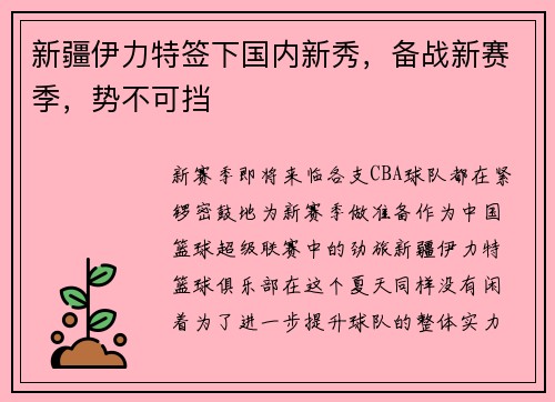 新疆伊力特签下国内新秀，备战新赛季，势不可挡